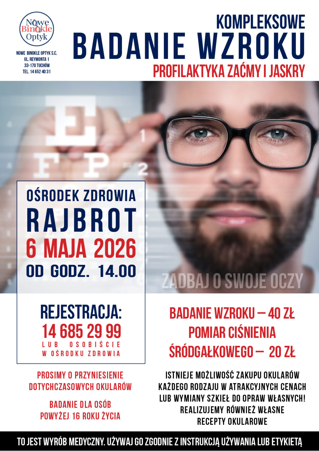 Plakat informacyjny o badaniu wzroku w Ośrodku Zdrowia w Rajbrocie